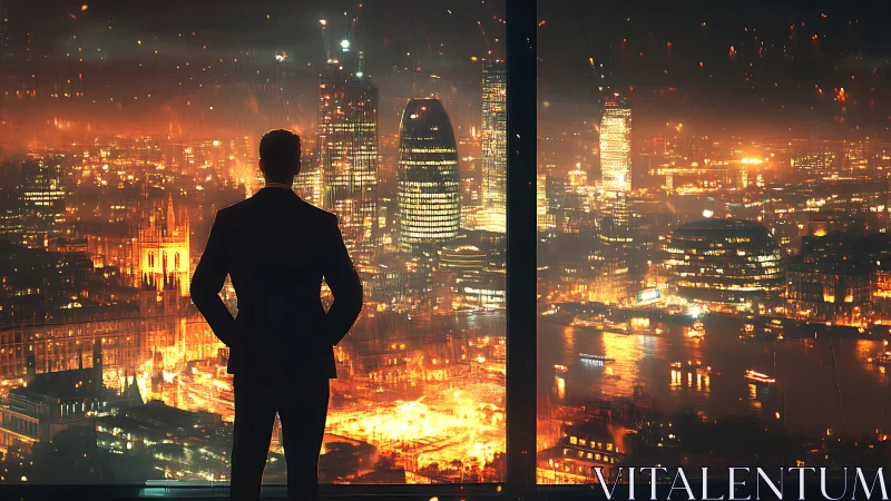 Backlit executive silhouette over incandescent tech metropolis.