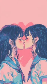 Blushing schoolgirls trade a tender kiss in pastel starlight.