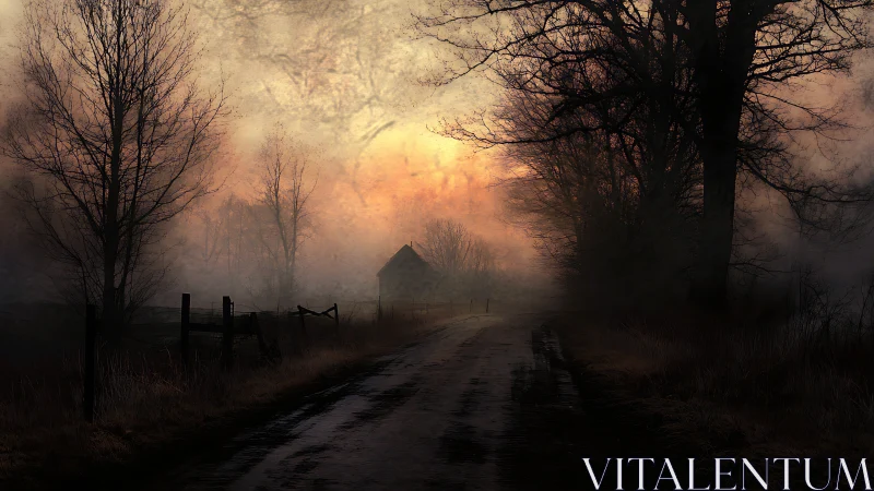 Fog-drenched country lane tiptoes toward a glowing dusk barn