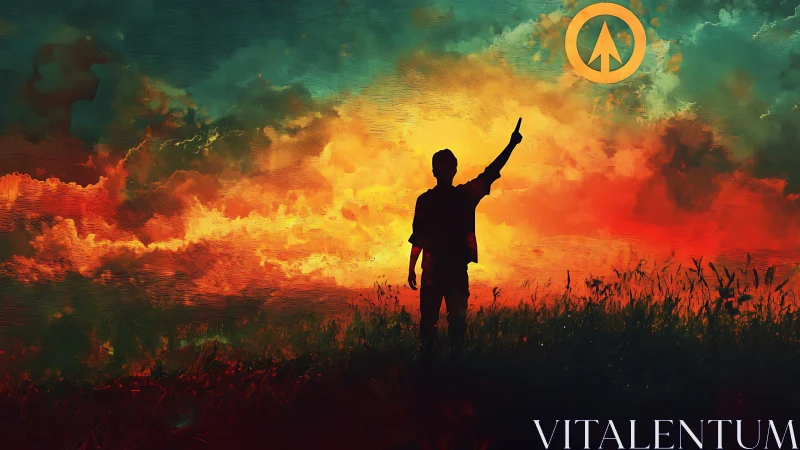 Silhouette of figure points at circular arrow symbol in sky