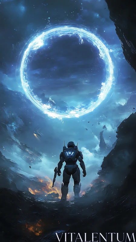 Futuristic soldier under luminous cosmic energy portal.