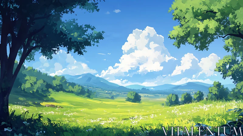 Sunlit valley meadow unfolds beneath towering summer clouds.