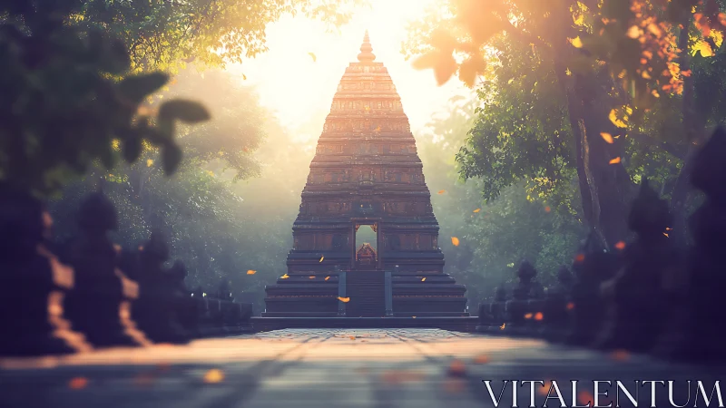 Sunlit stone temple tower framed by trees and drifting leaves