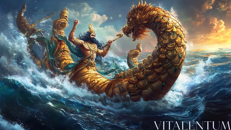 Armored sea serpent vessel battles storm-tossed waves at sunrise