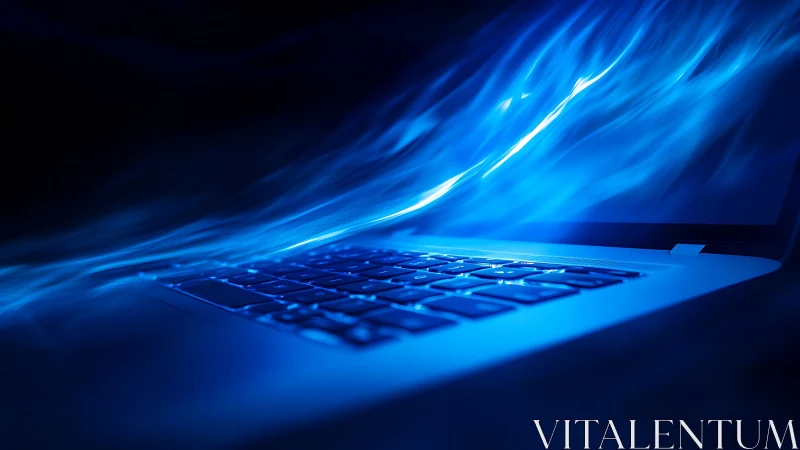 Blue light streaks over laptop keyboard in dark setting.