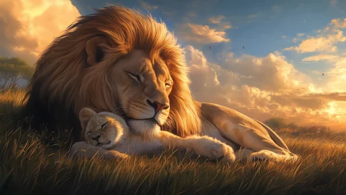 Paternal Lion with Cub: Advanced Rendering of Feline Anatomical Structure