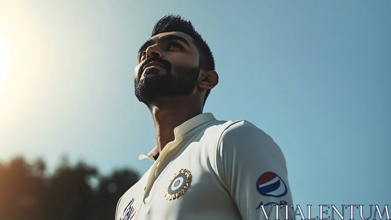 Photorealistic low-angle cricket portrait in warm backlight.