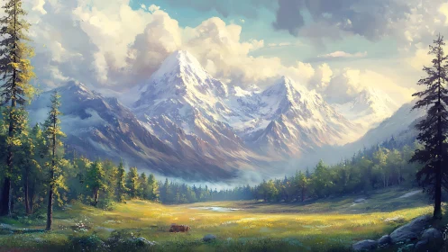 Sunlit mountain meadow wrapped in peaceful morning clouds.