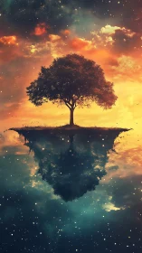Lone dreamlike tree floating between sunset and stars.