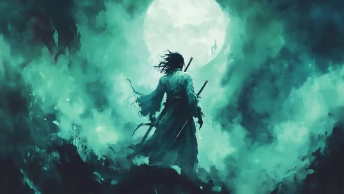 Lone warrior stands before a luminous full moon in mist.