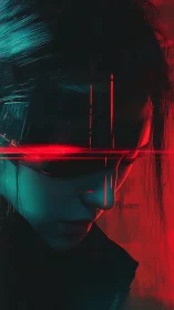Cyberpunk portrait with neon visor and asymmetrical chiaroscuro.