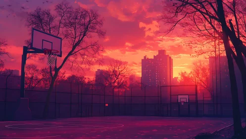 Sunset city basketball court glowing in soft pink light.
