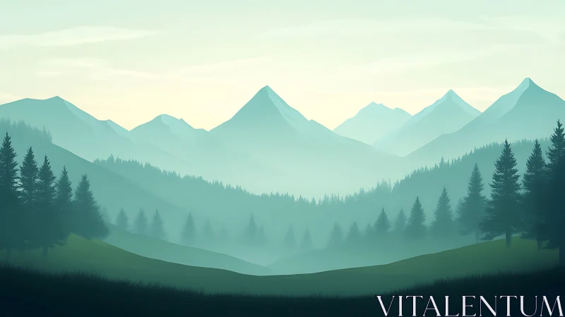 Softly rising pine valleys hush the distant blue mountains