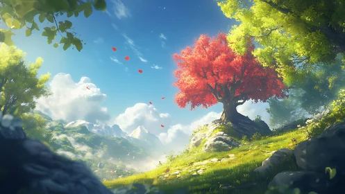 Scarlet hilltop tree glows gently above a bright green valley