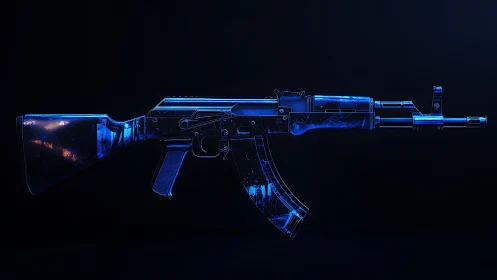 Neon blue rifle render glows against a dark minimal backdrop