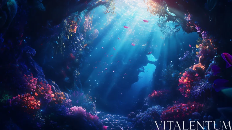 Sunlit underwater cave with colorful coral reef life.