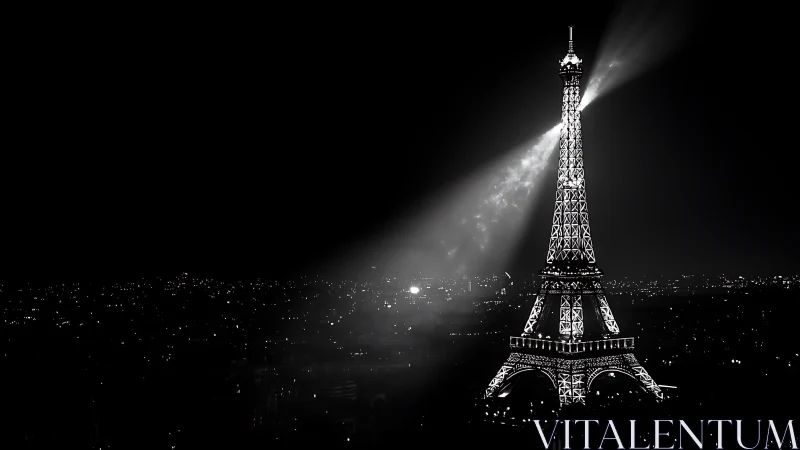 Monochrome night study of illuminated Eiffel Tower structure.