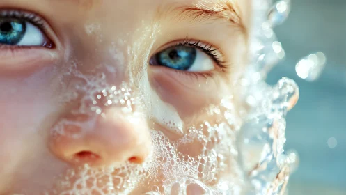 Child's Face Splashed with Crystalline Water Droplets