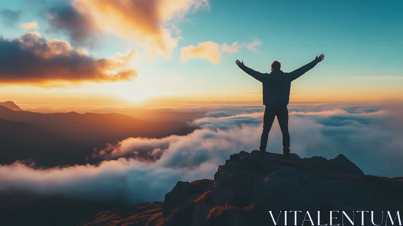 Hiker celebrates sunrise on mountain peak above glowing clouds.