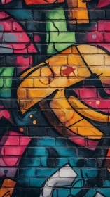 Bold urban graffiti arcs over dark brick texture wall.