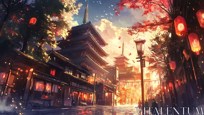 Sunlit pagoda street captures autumn lantern glow at dusk