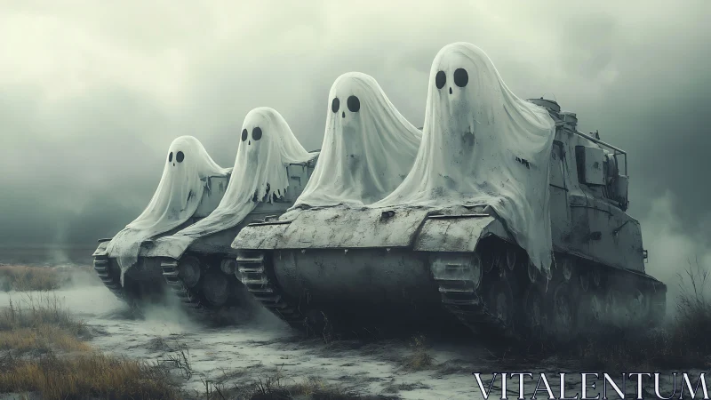 Ghostly war machines drift through a fog-choked battlefield.