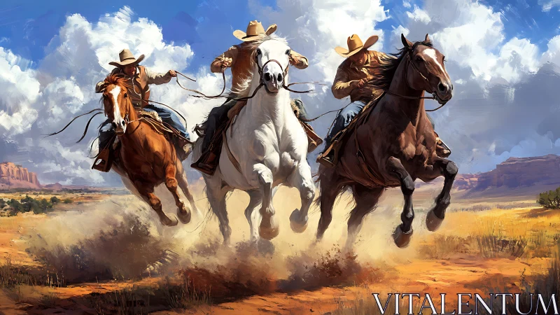 Triad of cowboys sprinting across sunlit desert canyon plain