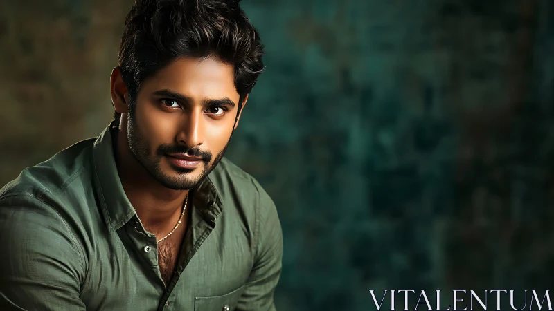 Portrait of confident man in green shirt against dark backdrop.