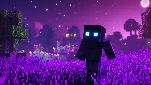 Voxel humanoid figure in neon purple landscape at night.