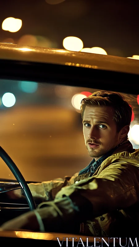 Nocturnal driver in vintage car framed by urban bokeh lights