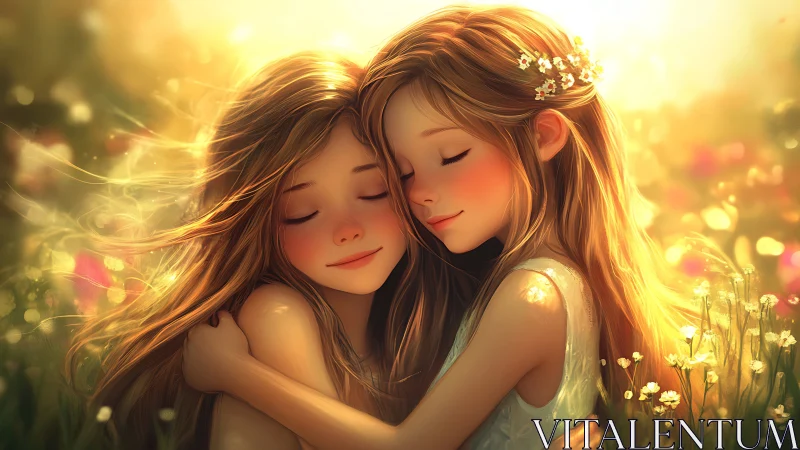 Sunlit sisterly hug in a dreamy wildflower meadow.
