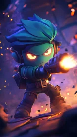 Cartoon soldier firing weapon in glowing battle scene.
