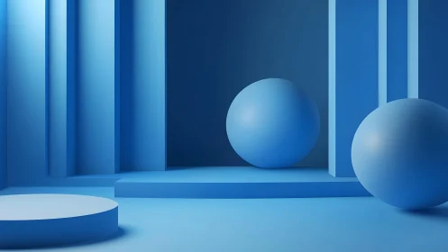 Monochrome blue spheres drifting through geometric silence.