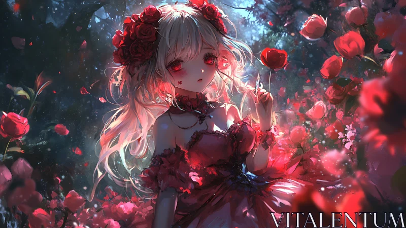 Crimson rose maiden lingering in a twilight bloomstorm.