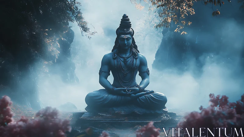 Digital painting of serene blue deity in misted forest shrine.