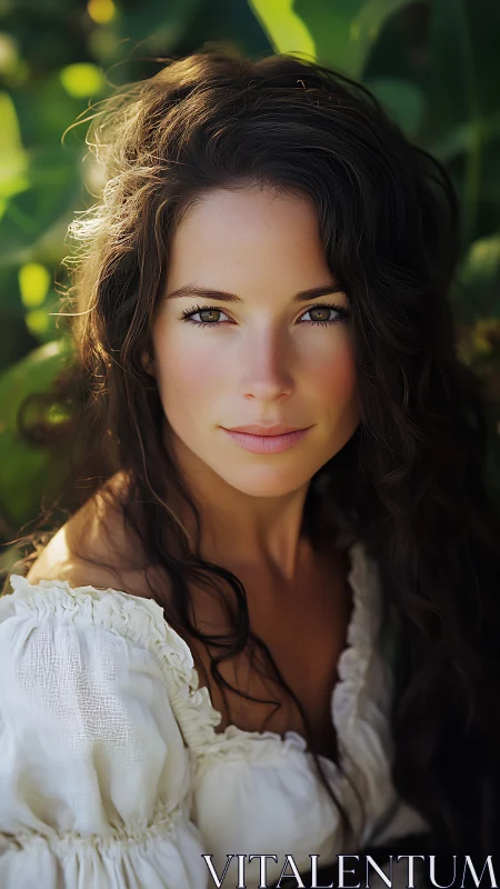 Young woman with long dark hair in soft outdoor light.