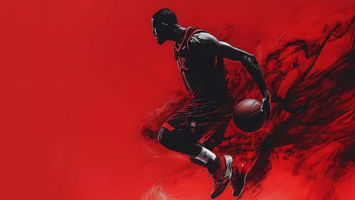 Dynamic basketball player surges forward through red motion haze