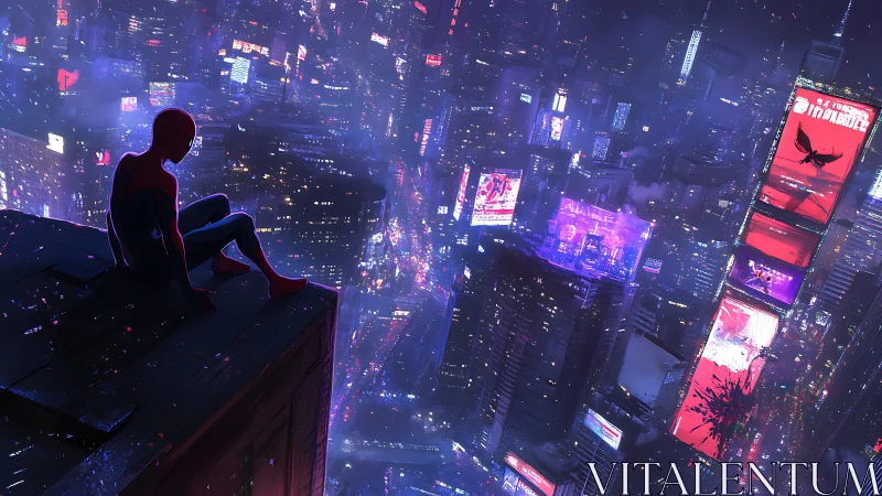 Quiet rooftop hero watches neon city lights come alive
