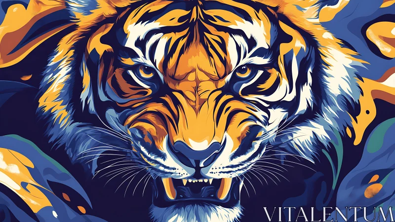 Tiger face rendered in bold blue and orange digital vectors