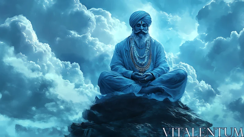 Monochromatic yogi levitates on rocky peak amid volumetric clouds