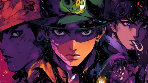 Bold anime heroes glowing in dramatic neon color portrait.