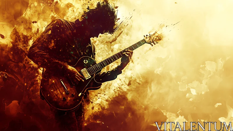 Silhouette guitarist plays electric guitar in fiery abstract haze