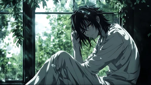 Seated dark haired figure by rain covered window interior.