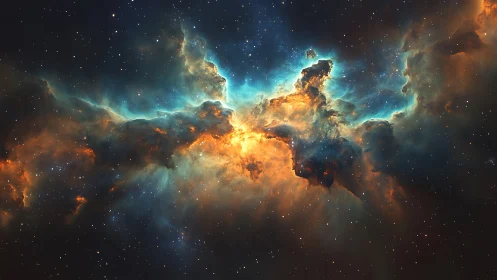 Stellar nebula glows in vivid teal, gold, and cosmic shadow.