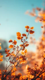 Golden autumn foliage against teal sky in soft bokeh focus.