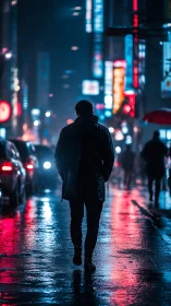 Midnight walk through neon rain on a quiet city street.