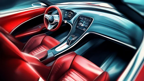 Futuristic red cockpit with flowing teal dashboard curves.