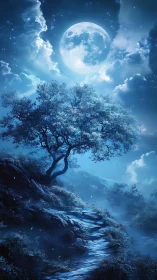 Moonlit tree stands above misty blue hillside path at night