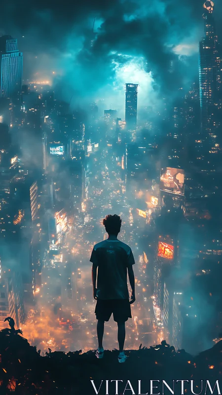Silhouetted figure overlooking neon-soaked futuristic megacity.
