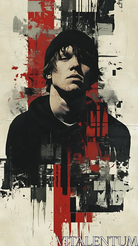 Moody street portrait wrapped in bold red and black strokes.